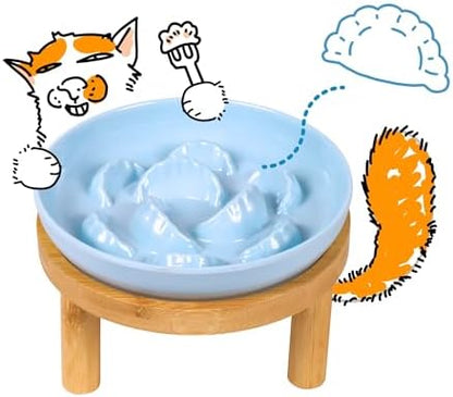 Slow Feeder Bowl, 6.3″ Elevated Cat Bowl with Stand, Melamine Wide Shallow Food Bowl, Whisker-Friendly Raised Plate, Wet Food Feeder for Slow Eating (Blue) by FullCharm