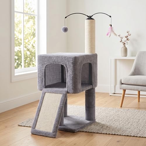 Roypet 32" Cat Tree for Indoor Cats, 2-in-1 Cat House with Sisal Scratching Post & Ramp, 2-Level Cat Tower with Rotatable Feather & Ball Toys, Stable Grey Cat Condo for Small/Medium Cats, Grey - Image 3
