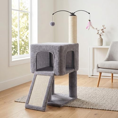 Roypet 32" Cat Tree for Indoor Cats, 2-in-1 Cat House with Sisal Scratching Post & Ramp, 2-Level Cat Tower with Rotatable Feather & Ball Toys, Stable Grey Cat Condo for Small/Medium Cats, Grey - Image 3