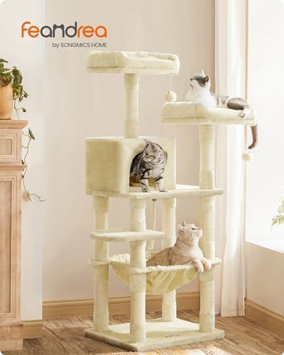 Feandrea Cat Tree, 55.8-Inch Large Cat Tower, Multi-Level Condo, Beige - Image 2