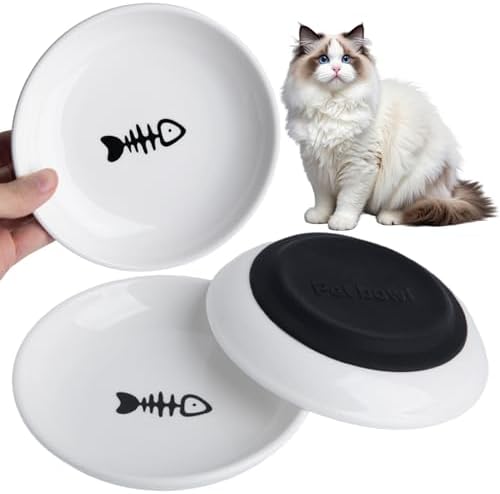 Cat Food Bowl Set of 3,Ceramic Cat Bowls,Anti Whisker Fatigue Cats Bowl Set,5.9 Inches Shallow Wide Kitten Plates with Silicone Base for Wet/Dry Food,Indoor Pets (Fish Bone) by KITCHENLESTARaddsmorebeautifulcolourstoyourlife