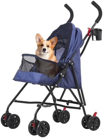Pet Stroller Oxford Cloth Foldable Dog Strollers for Small Dogs and Cats Suitable for All Road Surfaces Wide-View Panoramic Window 4 Wheels with Brakes Portable Design, Easy to Store (Blue) by Unknown