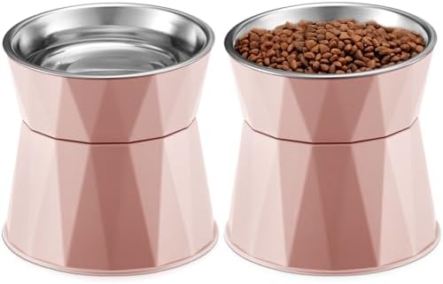 Lallisa 2 Pcs Elevated Cat Bowls Adjustable Raised Cat Feeder Non Slip Food Water with Stand Safe Stainless Steel Bowls with Pet Food Stand for Pets Feeding Eating(Pink) by Lallisa