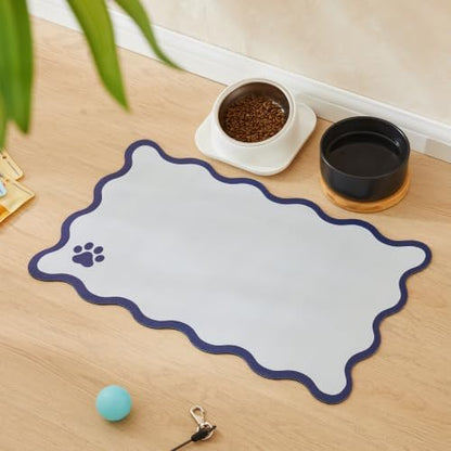 Scalloped Dog Feeding Mat, Absorbent Mats for Dog Food and Water Bowl, Dispenser, Feeder, Trendy Cute Aesthetic Pet Placemat for Dogs, Cats, Puppy Accessories Navy Blue, 15" x 24" by Ralxion