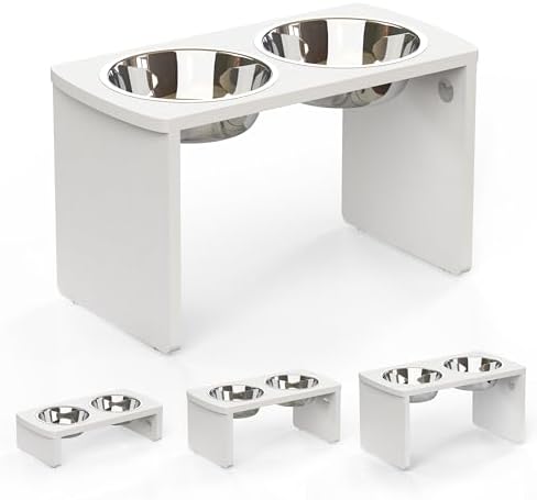 Elevated Dog Bowls, Waterproof Raised Dog Bowl for Medium & Large Dogs, HIPS Poly Lumber Stand with 2 Stainless Steel Bowls, Indoor & Outdoor Use (13'' Tall–68 oz Bowl, White) by JoyoPawFamily
