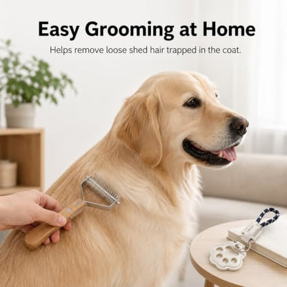 2-in-1 Undercoat Rake & Dematting Tool for Dogs & Cats - Professional Deshedding Brush with Wood Handle - Stainless Steel Grooming Rake for Long Haired Pets - With Paw Print Hair Keepsake Keychain - Image 6