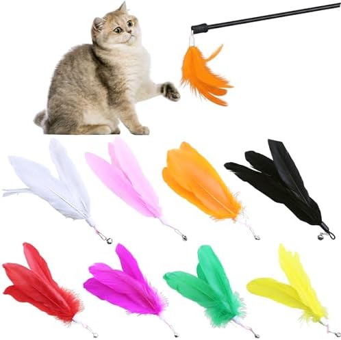 Cat Toy Refill, 8 Pack Large Feather Toy with Bell for Cat Wand Toy Accessories Cat Toy Attachment Replacements, 7.87” Realistic Size Feather Toy for Bored Indoor Adult Cat Play Exercise by ElectsparkPetPlaythings