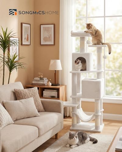 SONGMICS HOME Cat Tree for Indoor Cats, Multi-Level Cat Tower with Sisal Scratching Posts, Hammock and Condo, White - Image 2