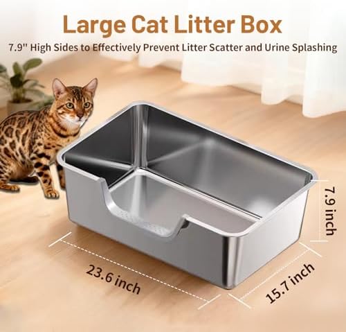 Stainless Steel Cat Litter Box, Steel Litter Pan with Curved Low Entry, Leak Proof 6 Inch High Side for Urine, Easy Entry for Kittens Older Cats, No Slip, 23.6" x 15.7" x 7.9", Silver - Image 2