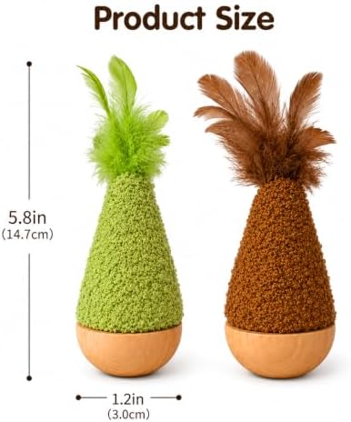 2-Pack Interactive Self-Righting Wobble Cat Toy with Feather, Fluffy Plush Wooden Tumbler for Bored Adult Indoor Cats Silent Self Play Cat Enrichment Toy, Green & Brown - Image 6