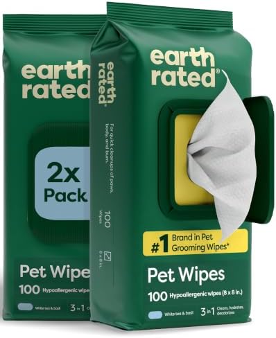 Earth Rated Dog Wipes for Paws & Butt, Deodorizing, White Tea & Basil, 200ct by EarthRated