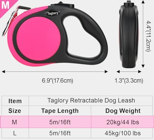 Taglory Retractable Dog Leash, One-Handed Brake, 16ft, Up to 44 lbs, Pink - Image 4