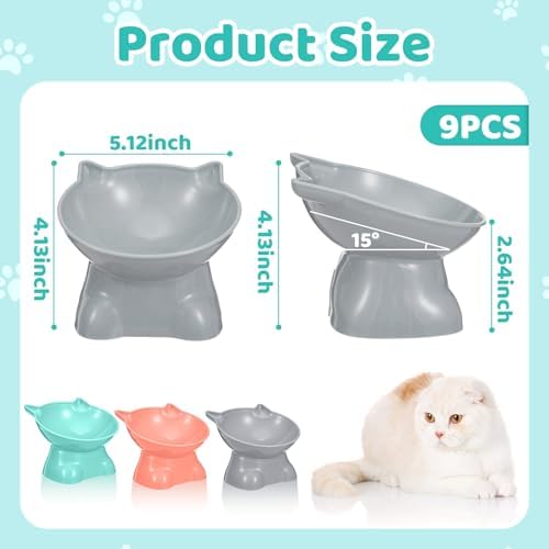 9 Pcs Plastic Raised Cat Bowls Bulk Elevated Tilted Dishes 15 Degrees Tilted Anti Vomiting Friendly Food Water Feeder Pet Slanted Stand Bowl for Indoor Cats Shelter (Cute,Vivid Color) - Image 2