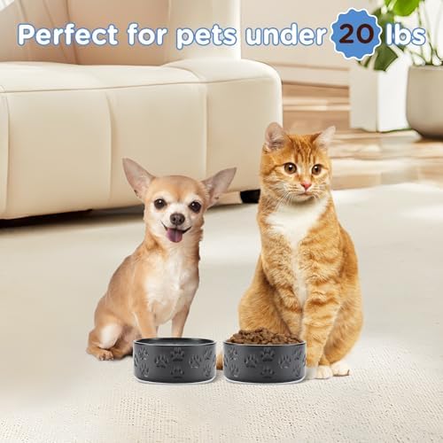 SPUNKYJUNKY Ceramic Dog and Cat Bowls 2 Pack, 5.1'' Dog and Cat Food Water Double Feeding Bowls Non-Slip for Cats and Puppy Small Sized Breed Dogs Microwave Dishwasher Safe - 13.5 OZ, 2pcs, Paw Black - Image 6