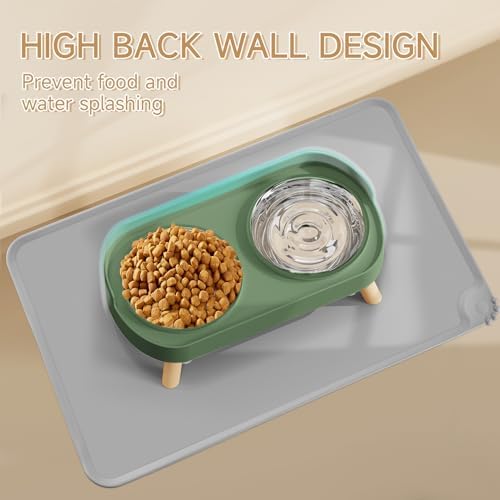 Elevated Cat Bowl with Food Mat, Raised Cat Food and Water Bowl Set for Indoor Cats, Splash Proof with 2 Stainless Steel Pet Food Bowls for Cats and Puppies,Whisker Fatigue and Dishwasher Safe (Green) - Image 3