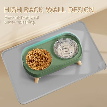 Elevated Cat Bowl with Food Mat, Raised Cat Food and Water Bowl Set for Indoor Cats, Splash Proof with 2 Stainless Steel Pet Food Bowls for Cats and Puppies,Whisker Fatigue and Dishwasher Safe (Green) - Image 3