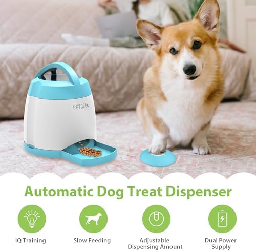 PETGEEK Automatic Dog Treat Dispenser, Interactive Pet Toy Food Dispensing for IQ Training, Dog Food Dispenser with Button Remote Push, Dual Power Supply for Indoor Outdoor Use, Blue - Image 2