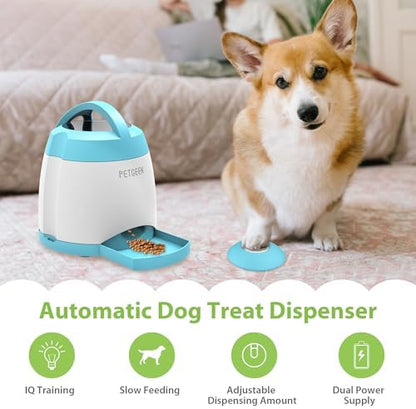 PETGEEK Automatic Dog Treat Dispenser, Interactive Pet Toy Food Dispensing for IQ Training, Dog Food Dispenser with Button Remote Push, Dual Power Supply for Indoor Outdoor Use, Blue - Image 2
