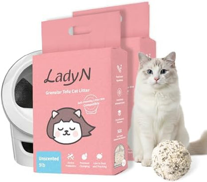 Lady N Tofu Cat Litter, Low Dust Compatible with Auto-Box Unscented 18lb by LadyN