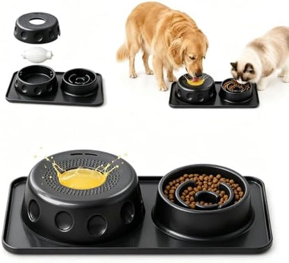 Slow Feeder Dog Bowl and Cat Water Bowl Set, 2 in 1 Pet Food and Water Bowl with Spill Proof Tray, Maze Puzzle Slow Eating Bowl for Cats and Dogs Black by Unknown