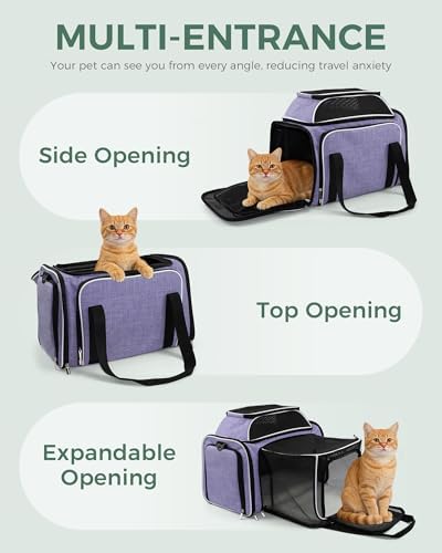 Cat Carrier Bag,Airline Approved Pet Carrier Soft Side Pet Travel 5 Sides Open Doors 4 Sides Expandable Foldable Dog Carrier with Fleece Pad(Patent Pending) Purple - Image 5