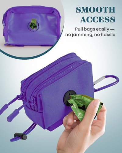 Dog Poop Bag Holder for Leashes, Purple Doggie Waste Bag Dispenser and Treat Holder, with Carabiner Hook and Poop Bag Clip, Used Waterproof Wear-Resistant Fabric and 2 Zippered Pouches for Walking - Image 5