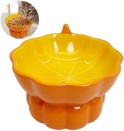 Hamiledyi Ceramic Raised Cat Bowl Tilted 15° Elevated Cat Bowl for Food or Water Anti Vomiting and Whisker Fatigue Cute Pumpkin Shaped Pet Feeder Bowl for Indoor Cats Kitten and Dogs (Orange Pumpkin) by Hamiledyi