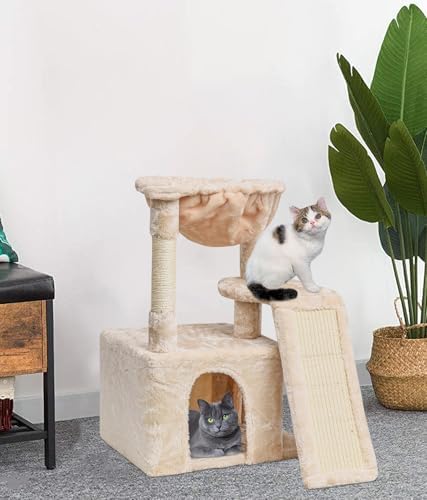 SYANDLVY Cat Tree for Indoor Cats Large Adults, Modern Activity Tower with Scratching Posts & Board, Condo with Plush Perch, Climbing Stand with Cradle & Hanging Ball for Play, Beige - Image 6