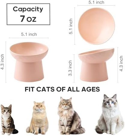 Ceramic Raised Cat Bowls - Elevated Tilted Cat Food and Water Bowls Set, Anti Vomiting and Protect Pets' Spines Pet Feeding Dish for Cats, Dishwasher Microwave Safe (2 x Bowl - Pink) - Image 2