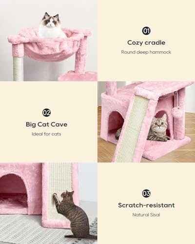 SYANDLVY Cat Tree for Indoor Cats Large Adults, Modern Activity Tower with Scratching Posts & Board, Condo with Plush Perch, Climbing Stand with Cradle & Hanging Ball for Play, Pink - Image 3
