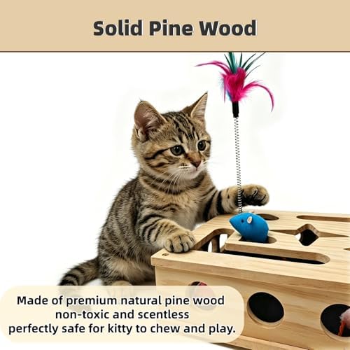 Cat Toys, Cat Scratcher Puzzle Enrichment Box - Wooden Cat Nail File with 2 Catnip Mice & 2 Balls & 2 Wand, Interactive Cat Toy Treat Maze for Indoor Cats, Stress-Free Cat Scratch Box That Trim Nails - Image 3