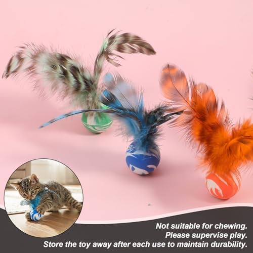 Cat Bouncy Ball with Feathers - 5 Pack Interactive Cat Feather Toys for Indoor Cats, Rubber Kitten Fetch Chase Toy for Interactive Exercise & Hunting Play - Image 6