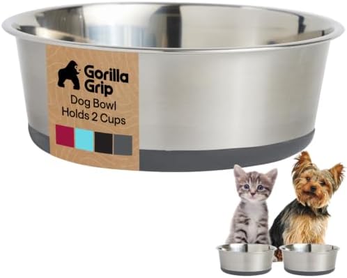 GORILLA GRIP Dog Bowl, Food Grade Stainless Steel Water Bowls, 2 Cup Gray by GorillaGrip