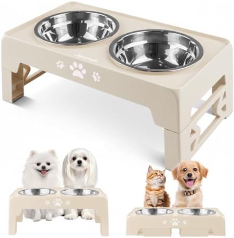 Jovrun Elevated Dog Bowls for Small Dogs and Cats, Non-Slip Cat Bowls with 2 Thick 5.5" Stainless Steel Dishes, Dog Feeder 2 Heights Adjustable to 2.6"-5.3" by Jovrun