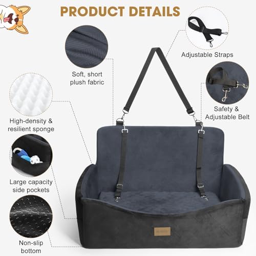 Dog Car Seat for Large Medium Sized Dogs Under 55 lbs, Dog Booster Seat for 2 Small Dogs with Detachable Washable Cover and Cushion, Memory Foam Pet Car Seat with 2 Safety Belts and Storage Pockets - Image 4