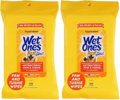 Wet Ones Dog Wipes, Pack of 2, 30 Count Total | Paw & Tushie | Tropical Splash Scent | Wet Lock Seal Pouch | With Chamomile by WetOnes