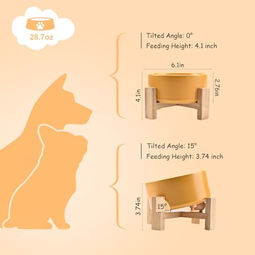 SPUNKYJUNKY 15° Slanted Ceramic Dog and Cat Bowl with Wooden Stand, Tilted Bulldog Food and Water Bowl No Slip Non-Spill for Cats Medium Dogs Big Face Pets 28.7 OZ (3.6 Cups, Yellow) - Image 4