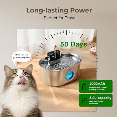 PEKTACO Wireless Cat Water Fountain, 108oz/3.2L Stainless Steel, 3 Filters - Image 6