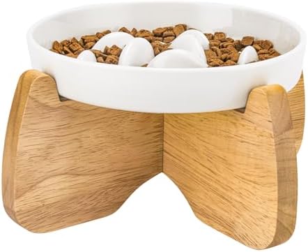 Raised Ceramic Slow Feeder Cat Bowl 6.3" Wide with Stand (1 Pack) by GUWINA