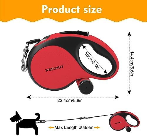 26 Ft Retractable Dog Leash with Chew Proof Cable - Red - Image 5