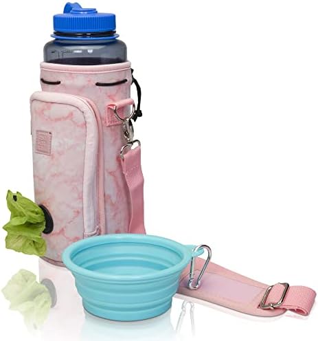 Made Easy Kit Water Bottle Carrier with Pocket for Dog Poop Waste Bags and Adjustable Padded Shoulder Strap (Tall & Large (40oz) with Bowl, Pink, Marble) by MadeEasyKit