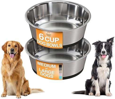 Neater Pet Brands Stainless Steel Dog Bowls with Non-Slip Rubber Bottom – Set of 2, 6 Cup (48 oz), Black - Heavy Duty Metal Dog Bowl, Dishwasher Safe, Food or Water Bowl, Ideal for Large Dogs by NeaterPetBrands