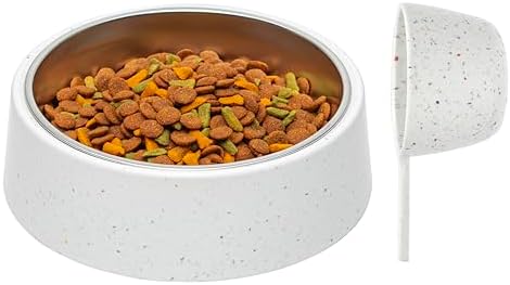 Bzyoo Pet Bowl for Small Dogs & Cats, Stylish Sprinkle Design, Elevated, (White w/Scoop, 4 Cups w/Scoop) by bzyoo