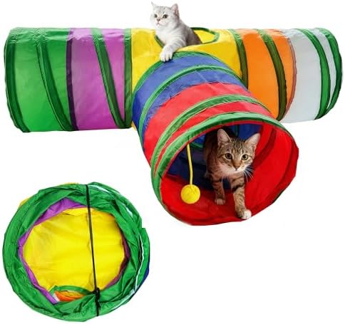 Cat Tunnel,Cat Tunnels for Indoor Cats Interactive, Pet Tunnel Toys for Cats Kitten Rabbits,3 Way Collapsible,Rainbow L 32" T Shape by FelRelWel