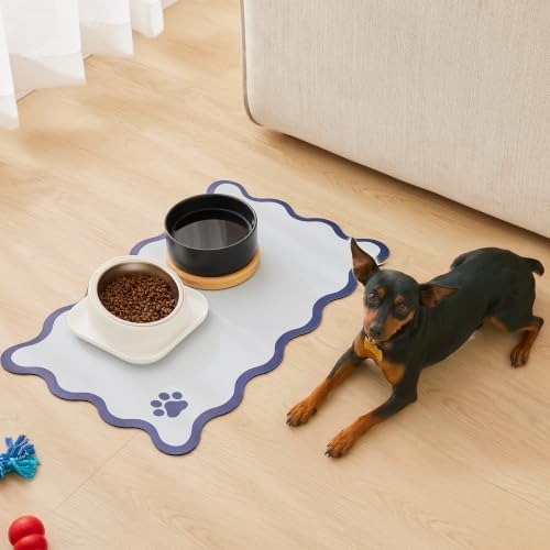 Scalloped Dog Feeding Mat, Absorbent Mats for Dog Food and Water Bowl, Dispenser, Feeder, Trendy Cute Aesthetic Pet Placemat for Dogs, Cats, Puppy Accessories Navy Blue, 12" x 19" - Image 2