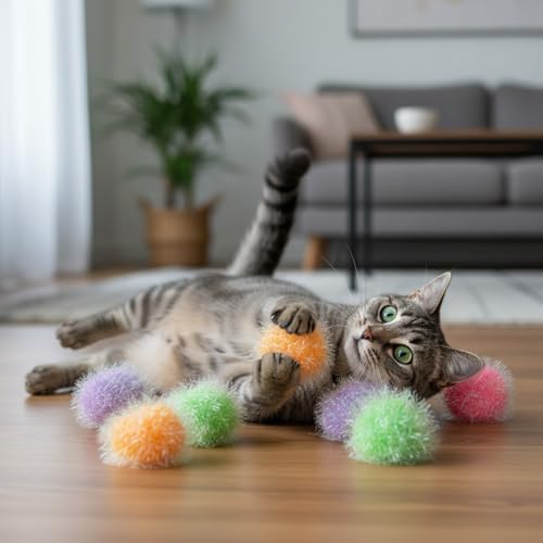 Psyqtsuary 12 Pcs Cat Ball Toys, 2 Inch Sparkle Fuzzy Balls Interactive Cat Toy Soft Pom Pom Sparkle Fuzzy Balls Assorted Color - Image 5