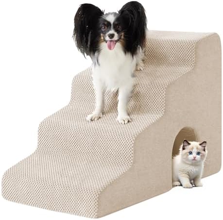 Ahpmeoa Dog Stairs for Bed 19.5’’ H, 4-Step Dog Steps for High Bed, Beige by Ahpmeoa