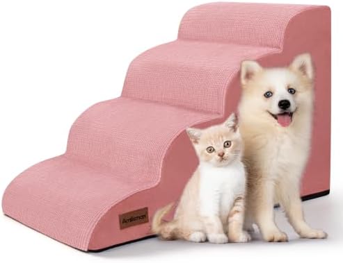 4-Step Dog Stairs for Bed or Couch, Pink Pet Ramp for Small Dogs, Cats by AODISMAN