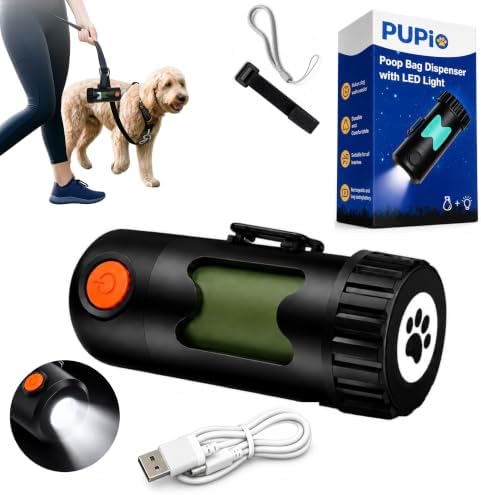 Poop Bag Holder With Flashlight - USB-C Rechargeable, No Need to Replace Batteries! Includes 15 Eco-Friendly Poop Bags, Charging Cable, and Leash Straps by PUPioBrands