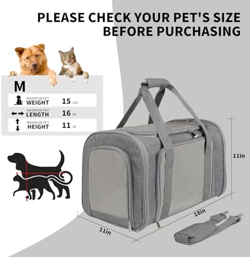 Cat Carrier, Soft-Sided Airline Approved Pet Carrier Case with 4 Ventilated Windows for Cats and Dogs Under 10-25Lbs (17.0 L x 11.0 W x 11.0 H Inch, Grey) - Image 4